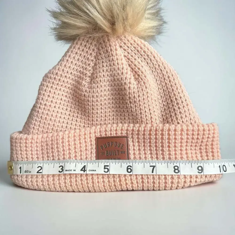 Purpose Built Peach Knit Beanie With Faux Fur Pom And Fleece Lining